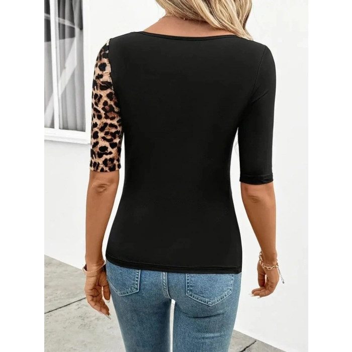 Kadın Kısa Kollu Asimetrik Kesim V Detaylı Leopar Desenli Viskon Bluz