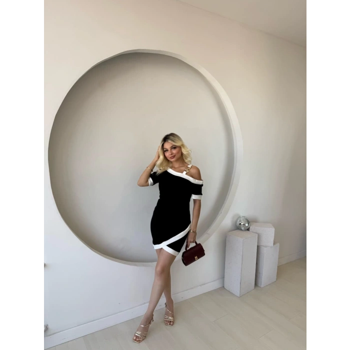 Kadın Kısa Kollu Asimetrik Kesim Yaka şerit Ve Aksesuar Detaylı Modal Elbise
