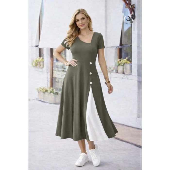 Kadın Kısa Kollu Asimetrik Yakalı Düğme Detaylı Midi Viskon Elbise