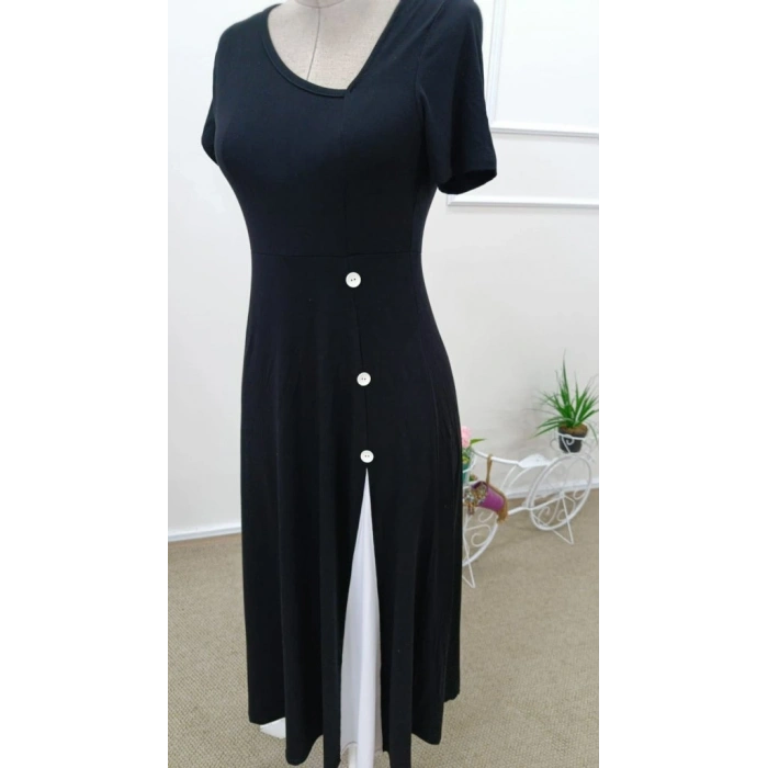 Kadın Kısa Kollu Asimetrik Yakalı Düğme Detaylı Midi Viskon Elbise