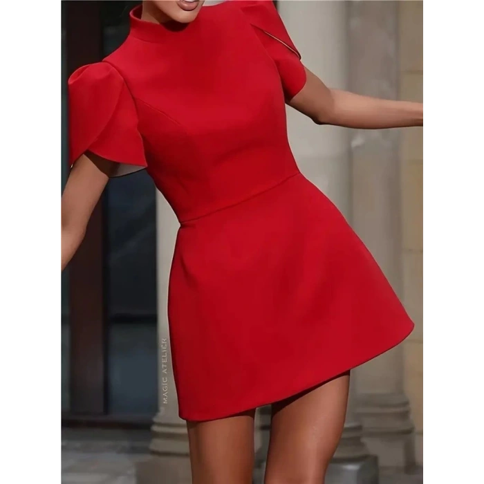 Kadın Kısa Kollu Balıkçı Yaka Arkadan Kelebek Dekolte Detaylı Kısa Atlas Elbise