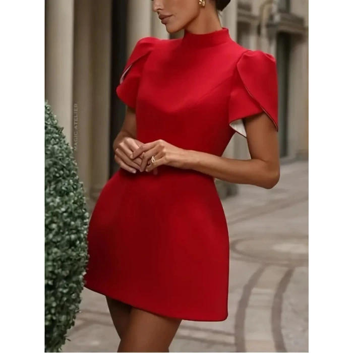 Kadın Kısa Kollu Balıkçı Yaka Arkadan Kelebek Dekolte Detaylı Kısa Atlas Elbise