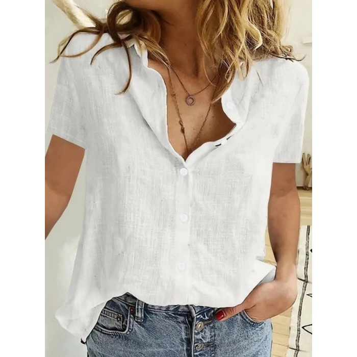 Kadın Kısa Kollu Basic Keten Gömlek
