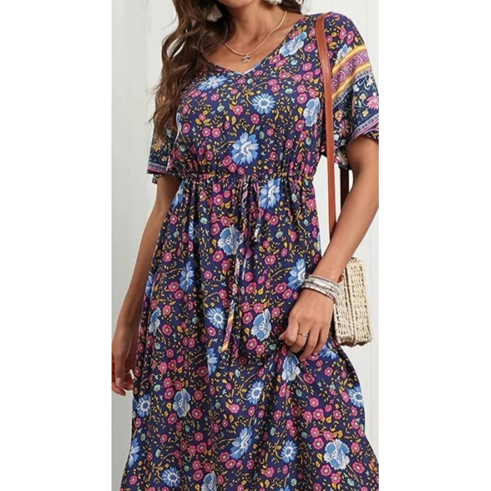 Kadın Kısa Kollu Beli Lastikli çiçek Desen Tam Boy Elbise