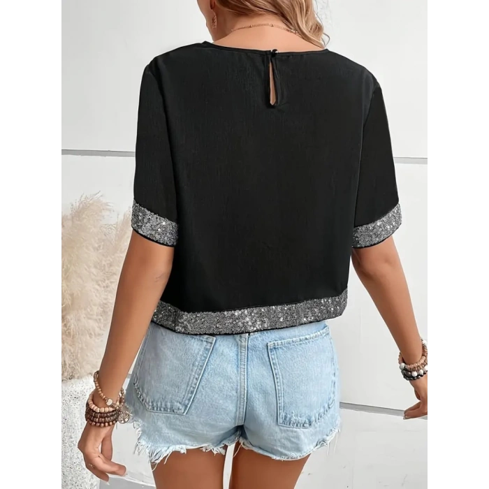 Kadın Kısa Kollu Bisiklet Yaka Asimetrik Kesim Detaylı Pul Payetli Krep Bluz