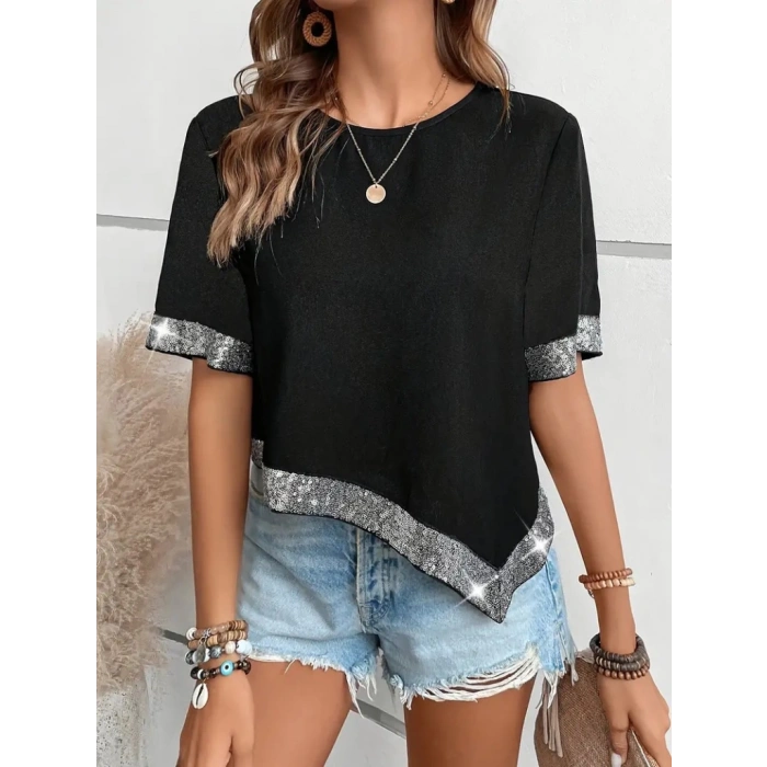 Kadın Kısa Kollu Bisiklet Yaka Asimetrik Kesim Detaylı Pul Payetli Krep Bluz