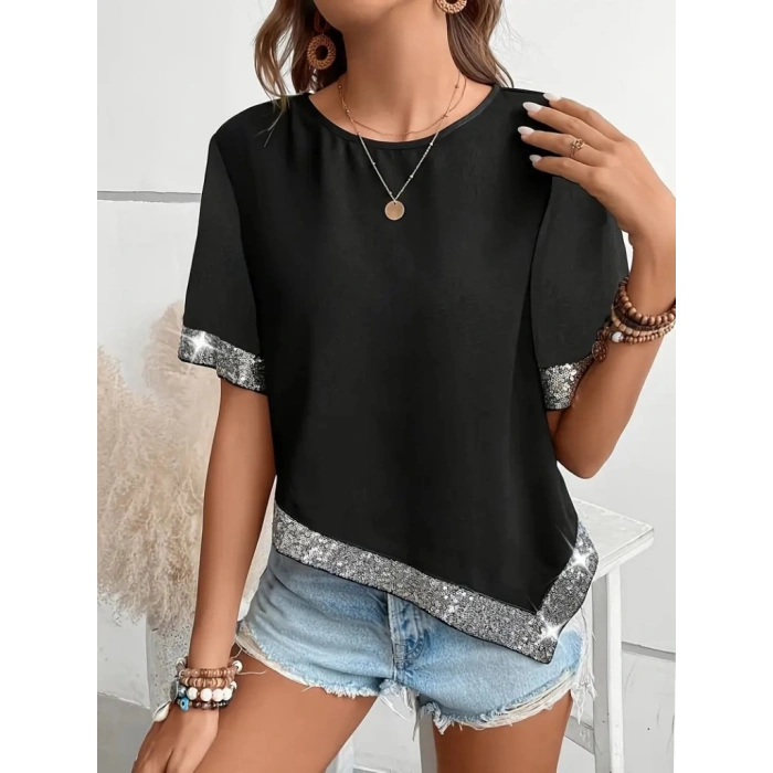 Kadın Kısa Kollu Bisiklet Yaka Asimetrik Kesim Detaylı Pul Payetli Krep Bluz