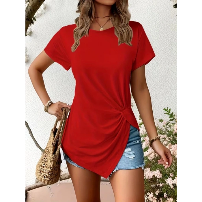 Kadın Kısa Kollu Bisiklet Yaka Asimetrik Kesim Detaylı Viskon Bluz