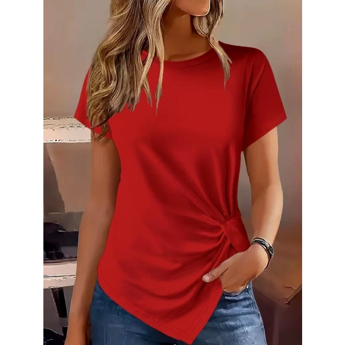 Kadın Kısa Kollu Bisiklet Yaka Asimetrik Kesim Detaylı Viskon Bluz