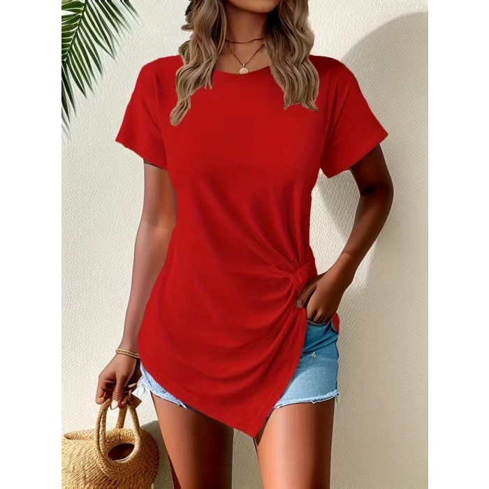 Kadın Kısa Kollu Bisiklet Yaka Asimetrik Kesim Detaylı Viskon Bluz