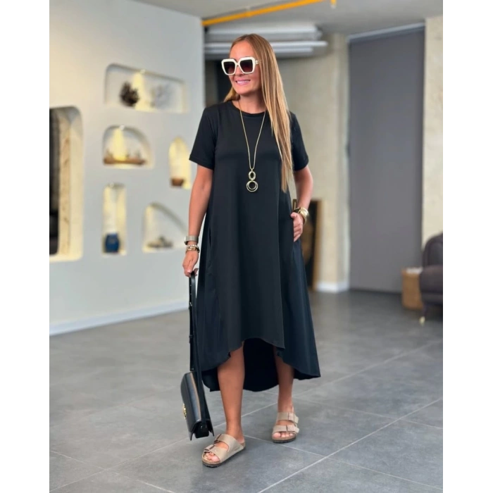 Kadın Kısa Kollu Bisiklet Yaka Asimetrik Kesim ön Viskon Arkası Trikoton Elbise