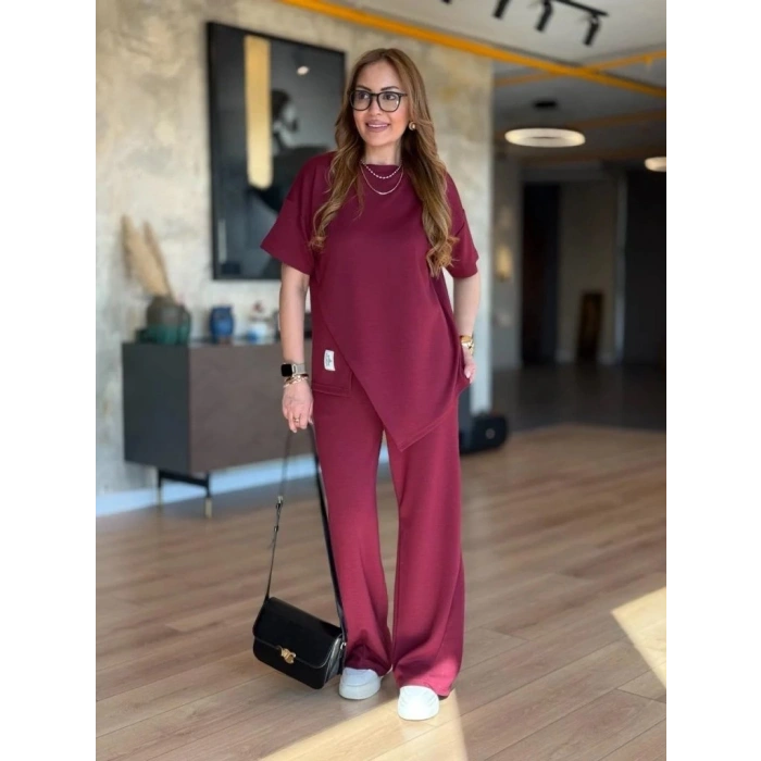 Kadın Kısa Kollu Bisiklet Yaka Asimetrik Viskon Iki Iplik Bluz Ve Pantolon Ikili Takım