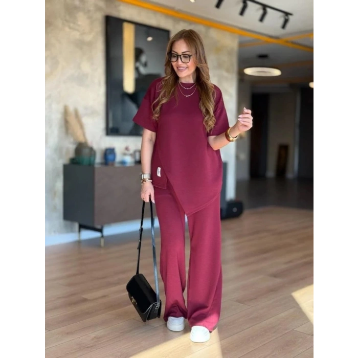 Kadın Kısa Kollu Bisiklet Yaka Asimetrik Viskon Iki Iplik Bluz Ve Pantolon Ikili Takım