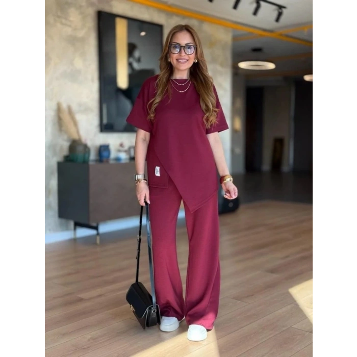 Kadın Kısa Kollu Bisiklet Yaka Asimetrik Viskon Iki Iplik Bluz Ve Pantolon Ikili Takım