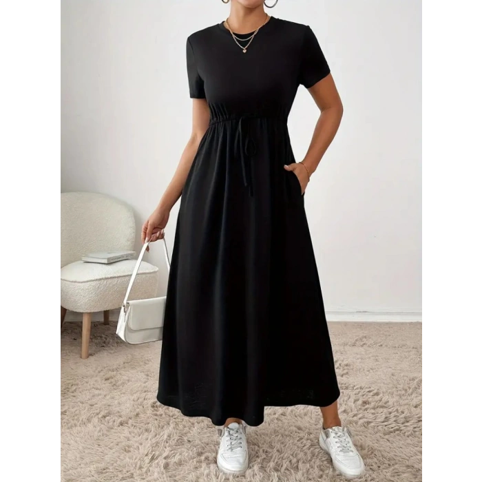 Kadın Kısa Kollu Bisiklet Yaka Belden Bağcıklı Cepli Viskon Elbise