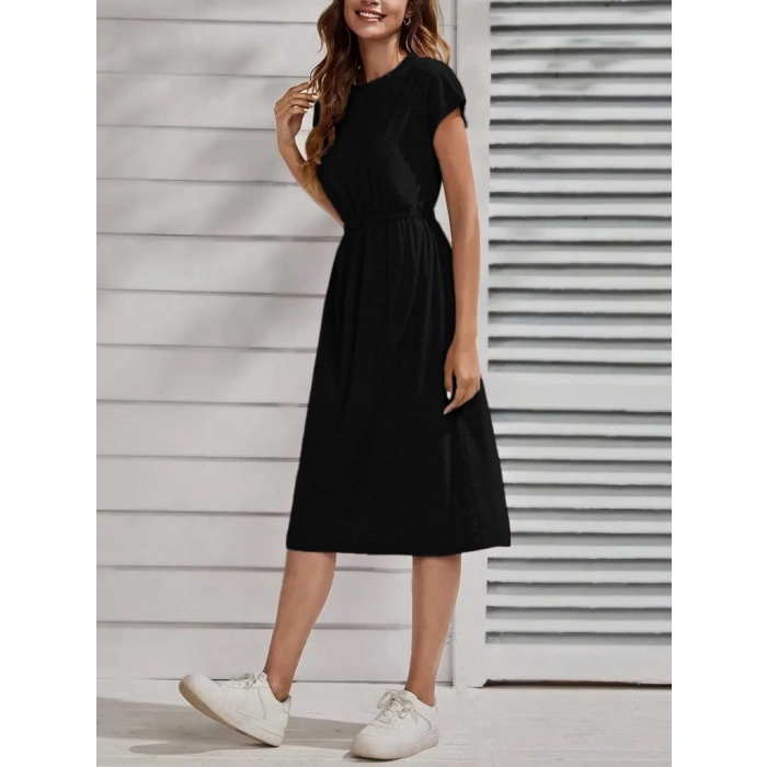 Kadın Kısa Kollu Bisiklet Yaka Belden Lastikli Midi Viskon Elbise