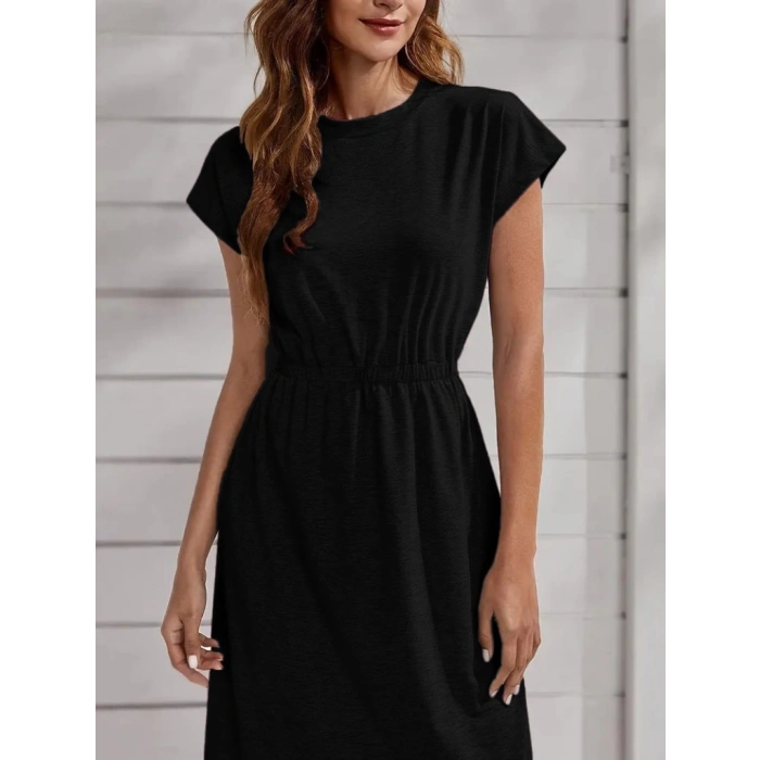 Kadın Kısa Kollu Bisiklet Yaka Belden Lastikli Midi Viskon Elbise