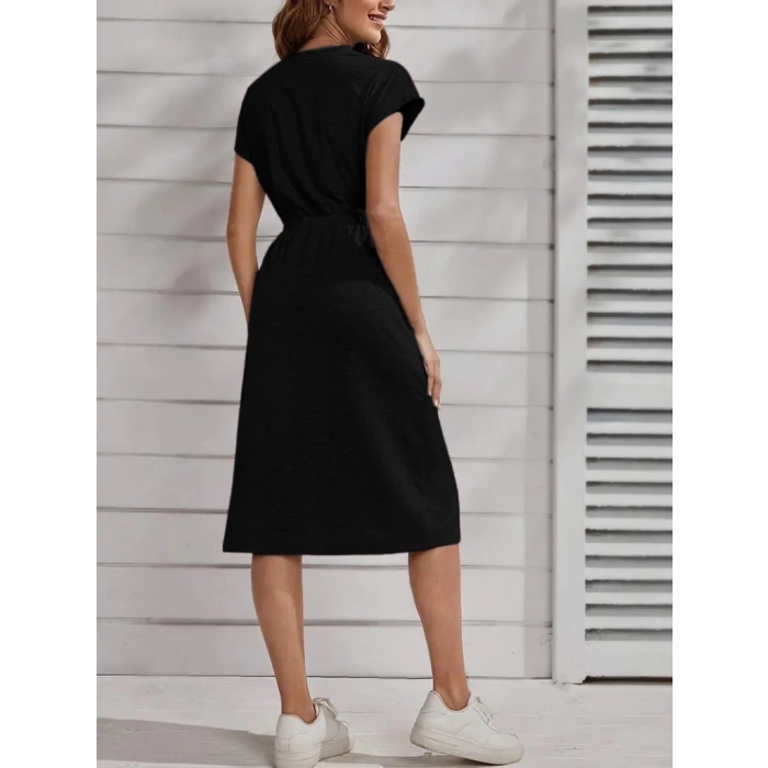 Kadın Kısa Kollu Bisiklet Yaka Belden Lastikli Midi Viskon Elbise