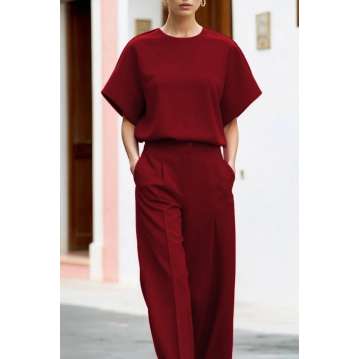 Kadın Kısa Kollu Bisiklet Yaka Bluz Yüksek Bel Cep Detaylı Pantolon Atlas Ikili Takım