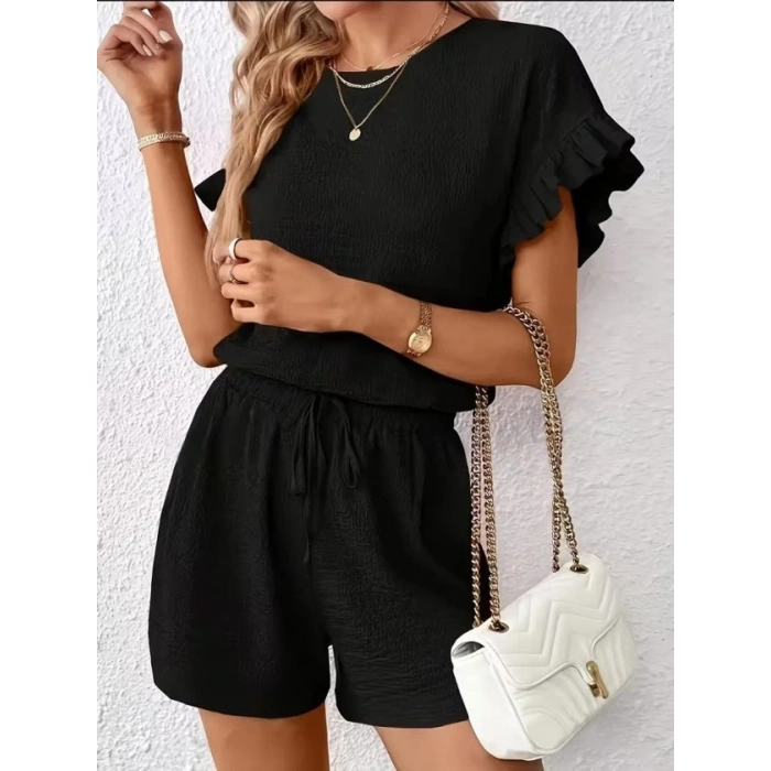 Kadın Kısa Kollu Bisiklet Yaka Bürümcük Bluz Ve Kısa Short Ikili Takım