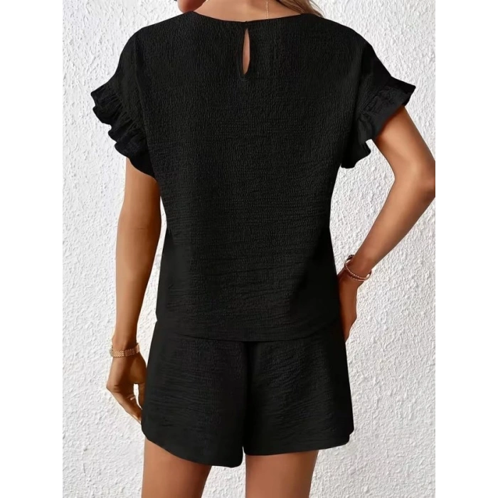 Kadın Kısa Kollu Bisiklet Yaka Bürümcük Bluz Ve Kısa Short Ikili Takım