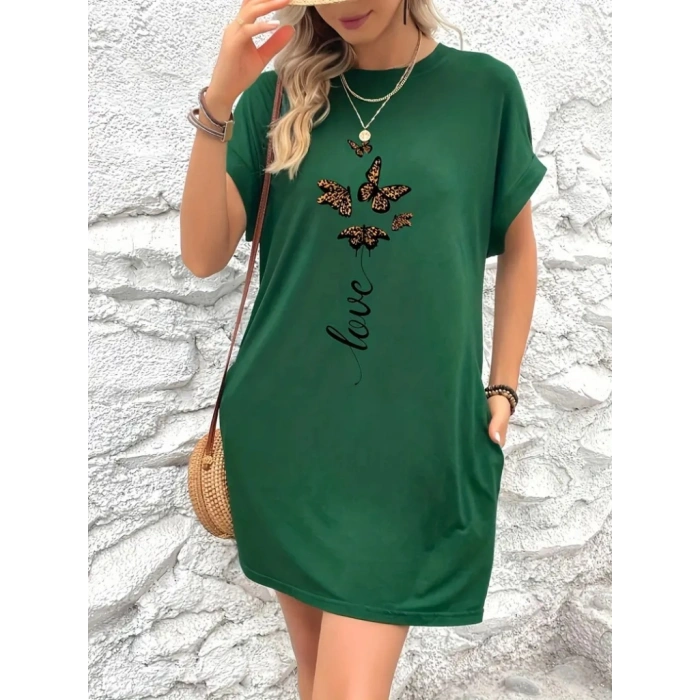 Kadın Kısa Kollu Bisiklet Yaka Cepli Kelebek Baskılı Viskon Elbise