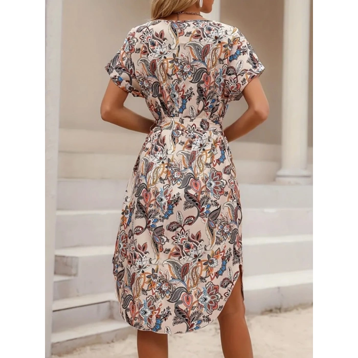 Kadın Kısa Kollu Bisiklet Yaka çiçek Desenli Kuşaklı Süprem Midi Elbise