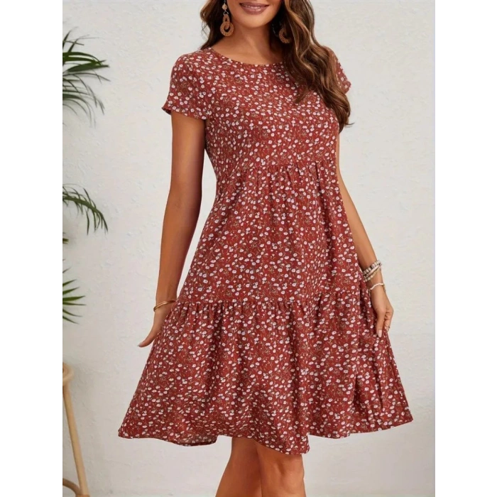 Kadın Kısa Kollu Bisiklet Yaka çiçek Desenli Süprem Elbise