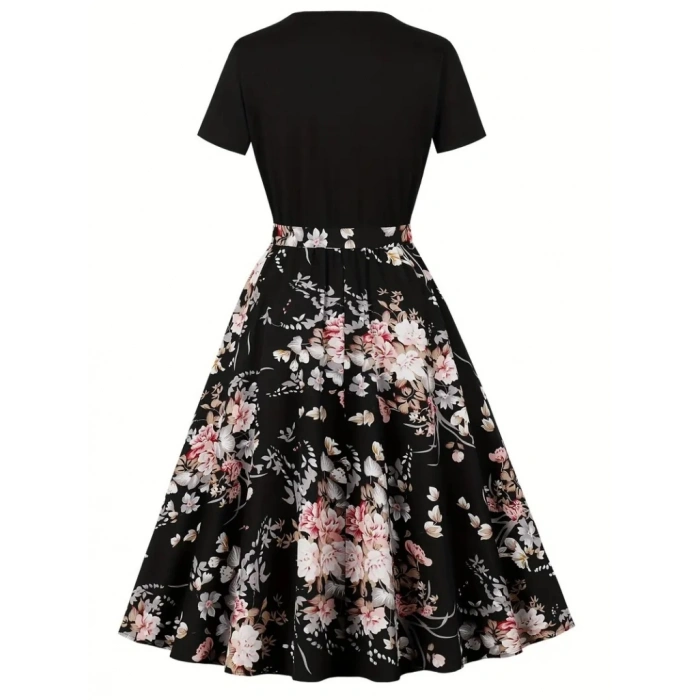 Kadın Kısa Kollu Bisiklet Yaka çiçek Desenli üst Viskon Alt Süprem Kısa Elbise
