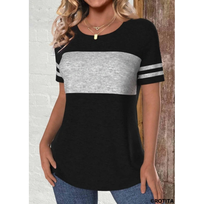 Kadın Kısa Kollu Bisiklet Yaka çift Renkli Viskon Bluz