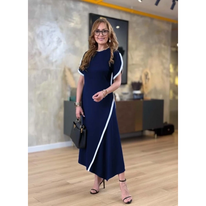 Kadın Kısa Kollu Bisiklet Yaka çift şerit Renk Detaylı Asimetrik Kesim Viskon Iki Iplik Elbise