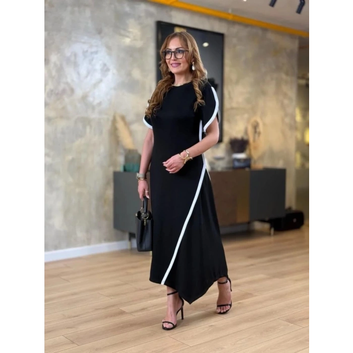 Kadın Kısa Kollu Bisiklet Yaka çift şerit Renk Detaylı Asimetrik Kesim Viskon Iki Iplik Elbise