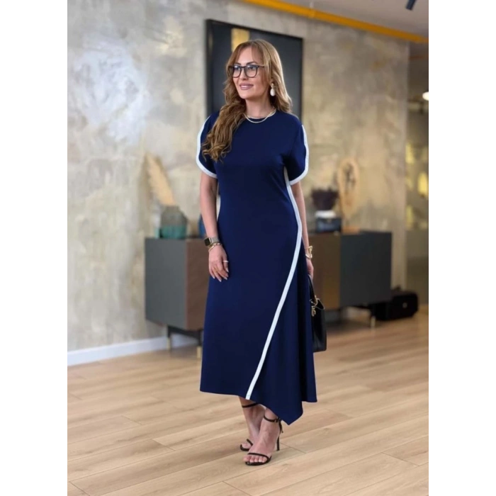 Kadın Kısa Kollu Bisiklet Yaka çift şerit Renk Detaylı Asimetrik Kesim Viskon Iki Iplik Elbise