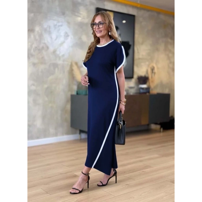 Kadın Kısa Kollu Bisiklet Yaka çift şerit Renk Detaylı Asimetrik Kesim Viskon Iki Iplik Elbise