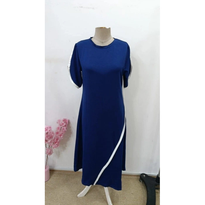 Kadın Kısa Kollu Bisiklet Yaka çift şerit Renk Detaylı Asimetrik Kesim Viskon Iki Iplik Elbise