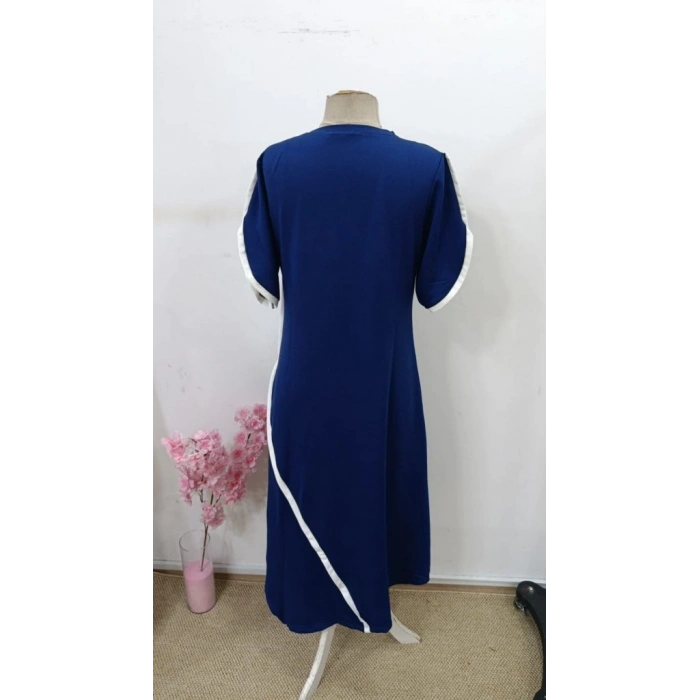 Kadın Kısa Kollu Bisiklet Yaka çift şerit Renk Detaylı Asimetrik Kesim Viskon Iki Iplik Elbise