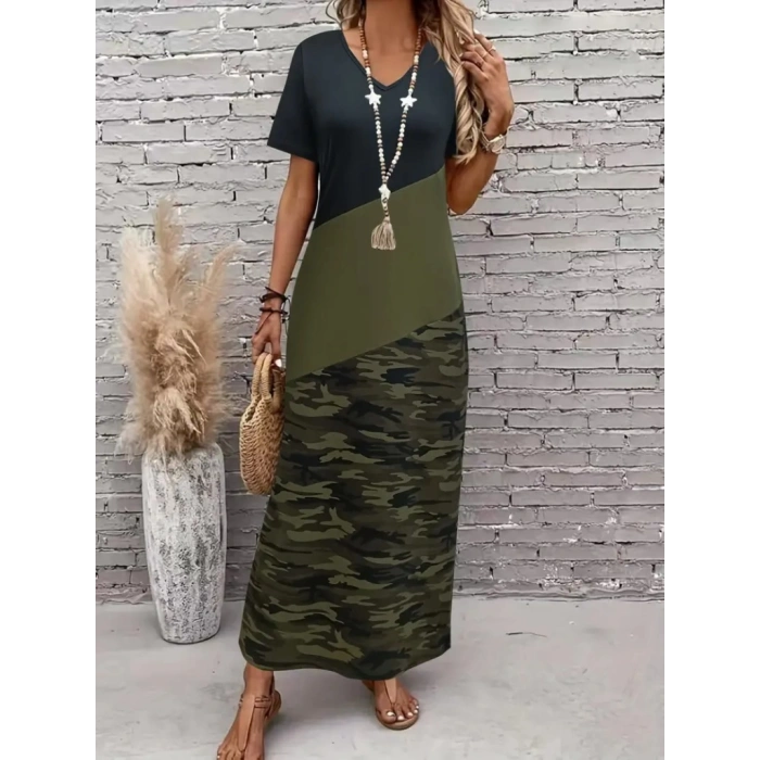 Kadın Kısa Kollu Bisiklet Yaka çok Renkli Maksi Viskon Elbise