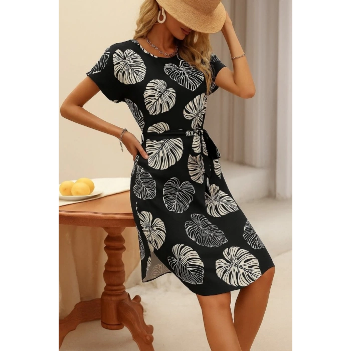 Kadın Kısa Kollu Bisiklet Yaka Desenli Kuşaklı örme Krep Midi Elbise