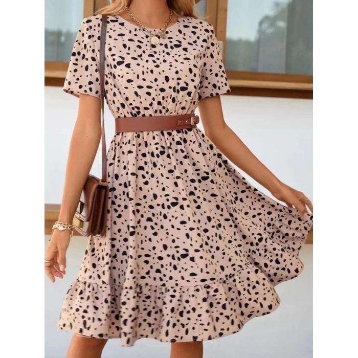 Kadın Kısa Kollu Bisiklet Yaka Desenli Süprem Elbise