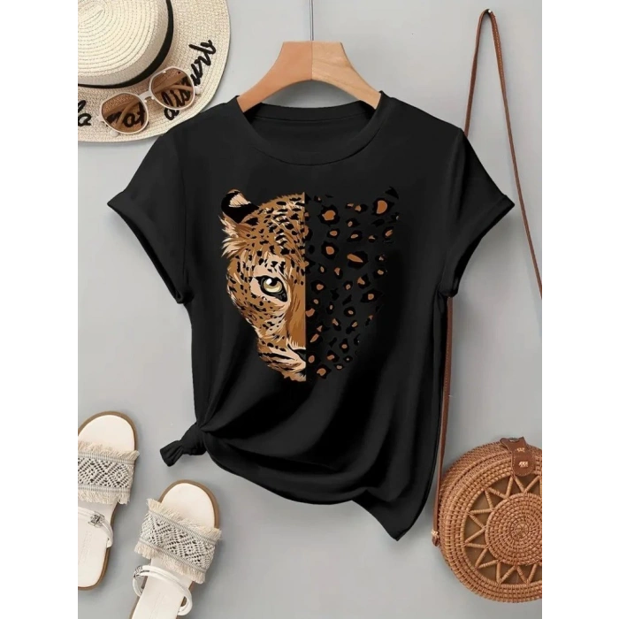 Kadın Kısa Kollu Bisiklet Yaka Desenli Viskon Bluz