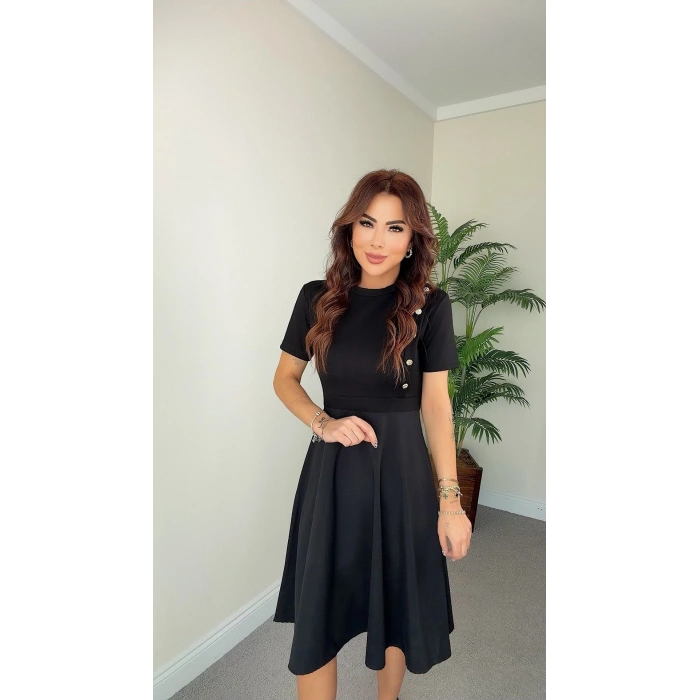 Kadın Kısa Kollu Bisiklet Yaka Gold Düğme Detay Midi Boy Elbise