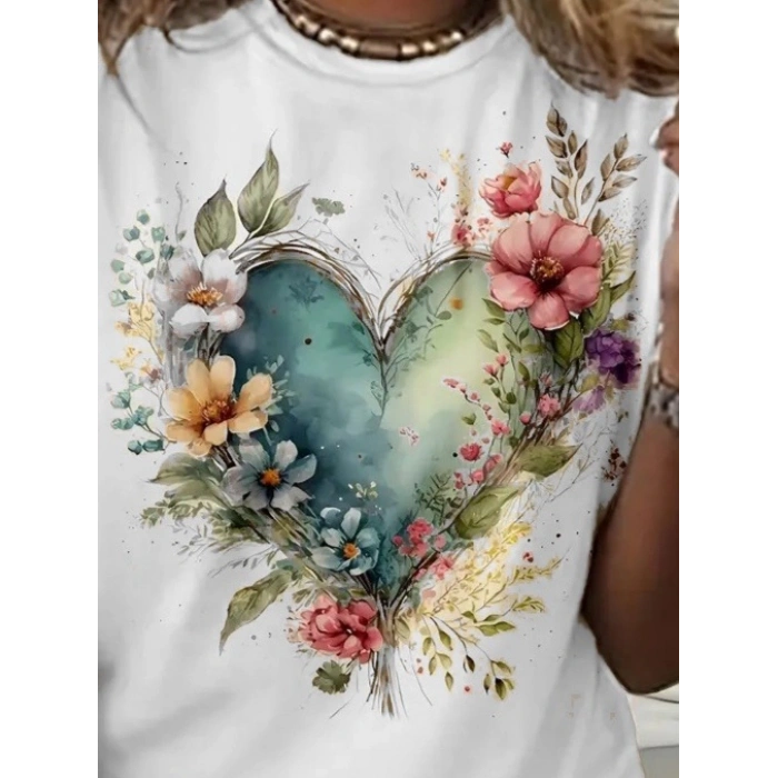 Kadın Kısa Kollu Bisiklet Yaka Kalp Desenli Süprem Bluz