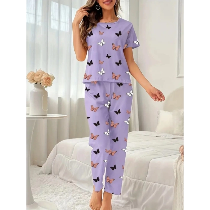 Kadın Kısa Kollu Bisiklet Yaka Kelebek Baskılı Süprem Ikili Takım