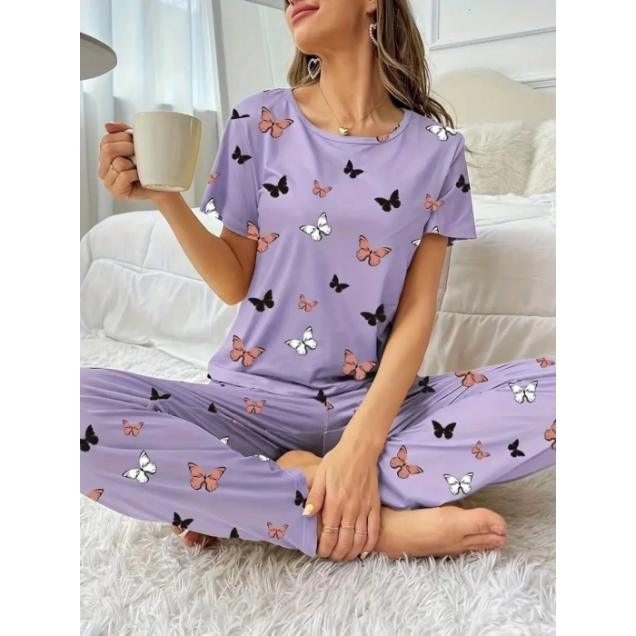 Kadın Kısa Kollu Bisiklet Yaka Kelebek Baskılı Süprem Ikili Takım