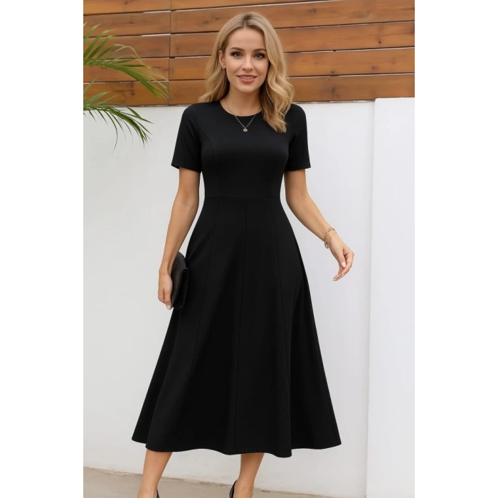 Kadın Kısa Kollu Bisiklet Yaka Maksi Boy Ithal Krep Elbise
