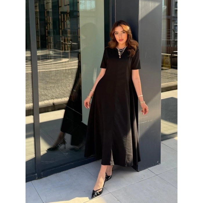 Kadın Kısa Kollu Bisiklet Yaka Maksi Boy Ithal Krep Elbise