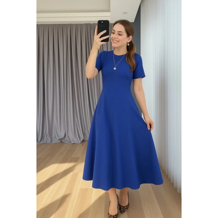 Kadın Kısa Kollu Bisiklet Yaka Maksi Boy Ithal Krep Elbise