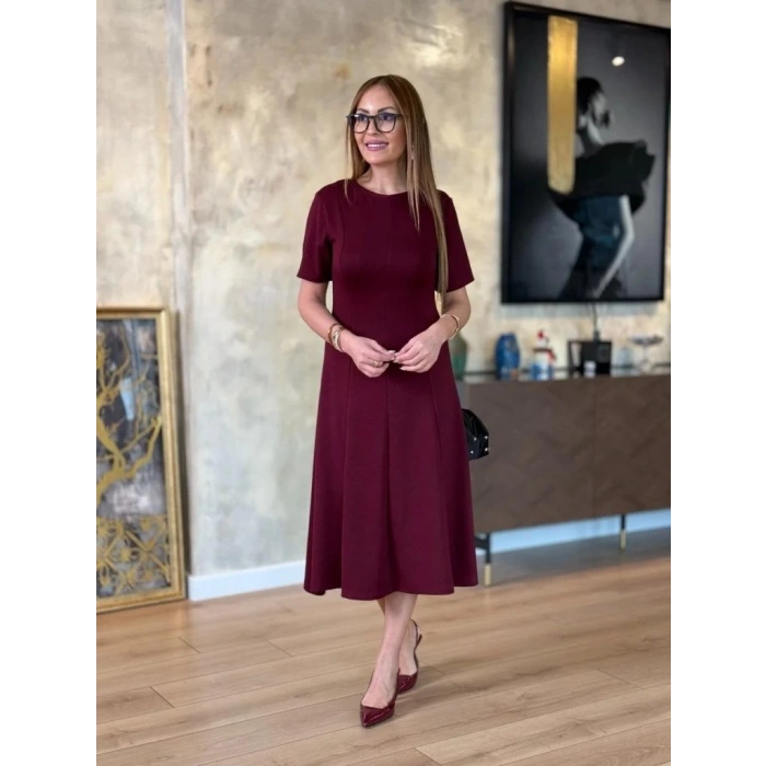 Kadın Kısa Kollu Bisiklet Yaka Midi Viskon Iki Iplik Elbise