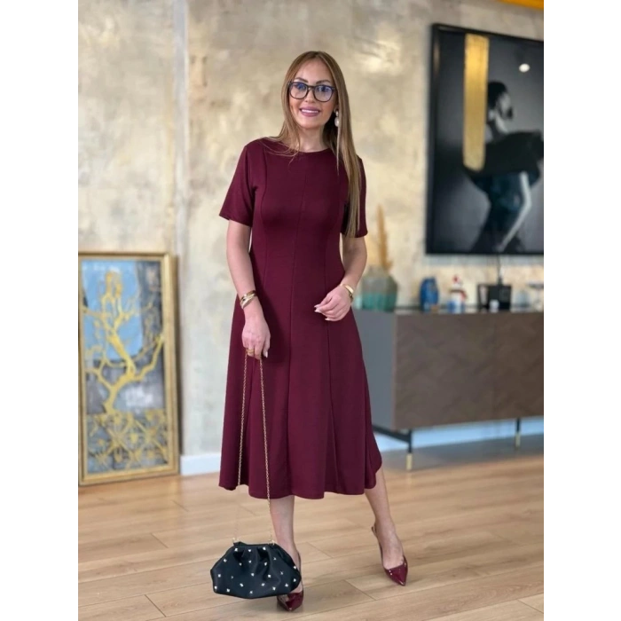 Kadın Kısa Kollu Bisiklet Yaka Midi Viskon Iki Iplik Elbise