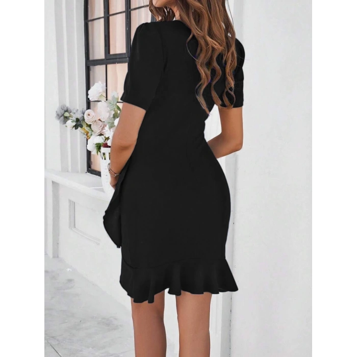 Kadın Kısa Kollu Bisiklet Yaka önden Fırfırlı Büzgülü Janjan Krep Kısa Elbise